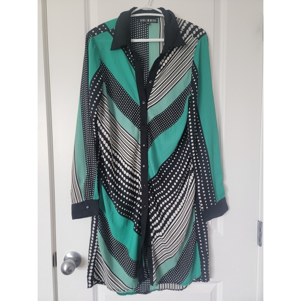 Girl In Mind Women Green Black Polka Dot Stripe Button Front Shirt Dress US 8
